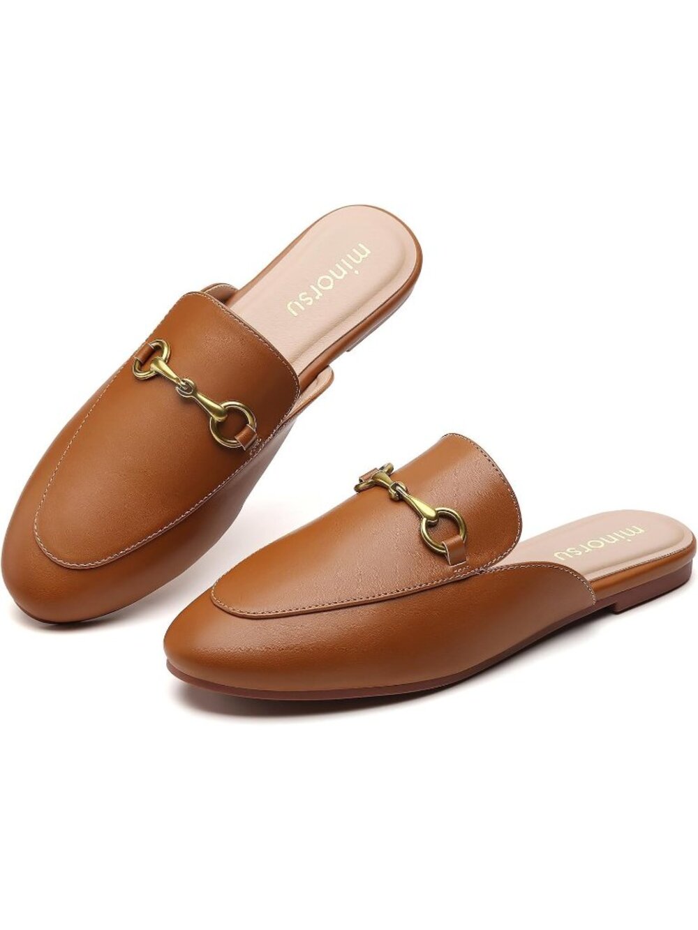 Women's Brown Slip on Round Toe Backless Slides Casual Buckle Flat Loafers Shoes